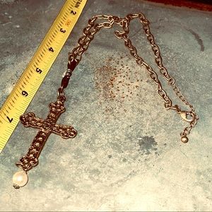 Gold-toned long cross necklace statement piece!